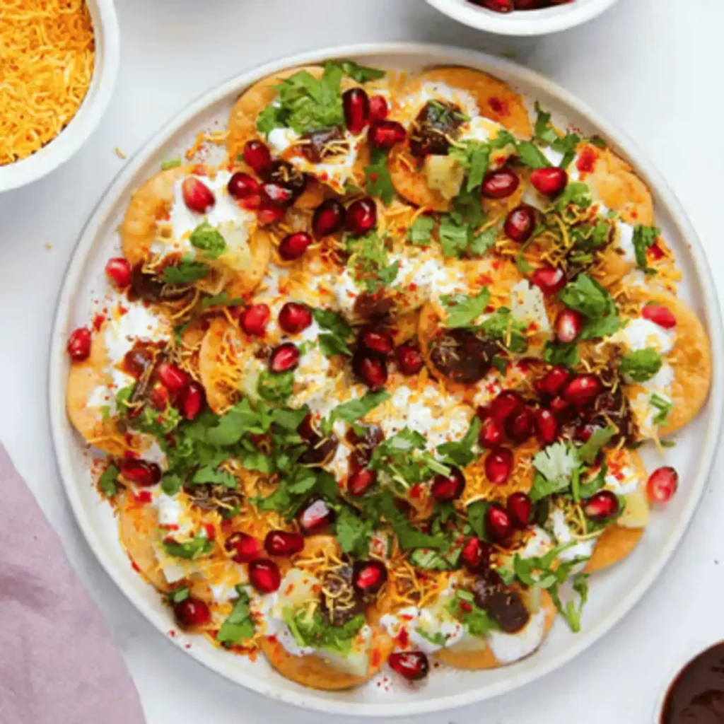 Papri chaat topped with yogurt, tamarind chutney, sev, pomegranate seeds, and fresh cilantro.