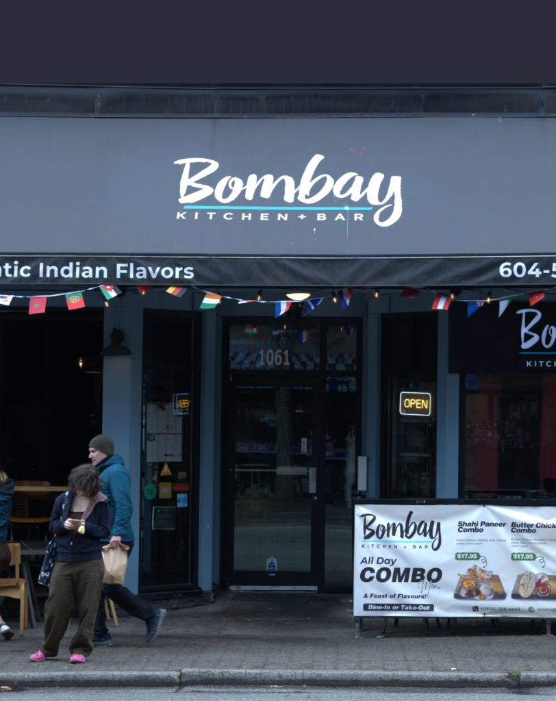 Exterior of Bombay Kitchen + Bar on Denman Street in Vancouver, British Columbia.